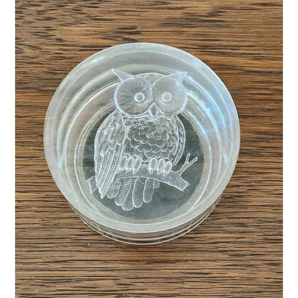 Vintage Round Clear Lucite Intalgio Owl Lidded‎ Trinket Box Dish